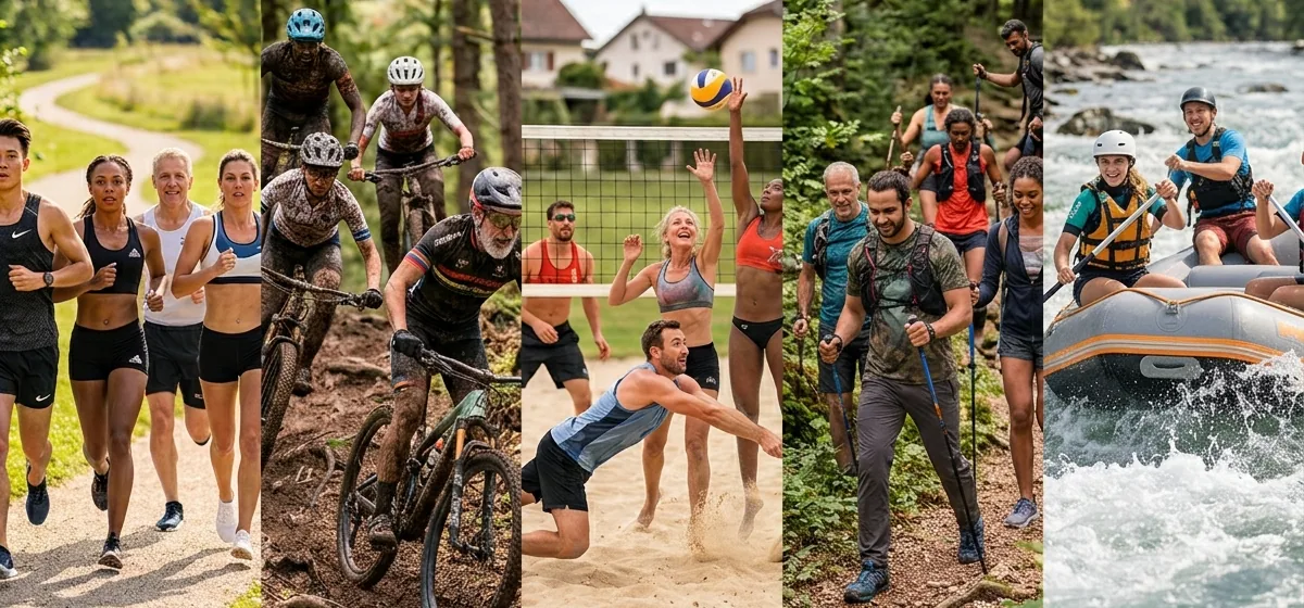Des personnes de tous âges pratiquent un sport en pleine nature : course, VTT, volley, randonnée et rafting